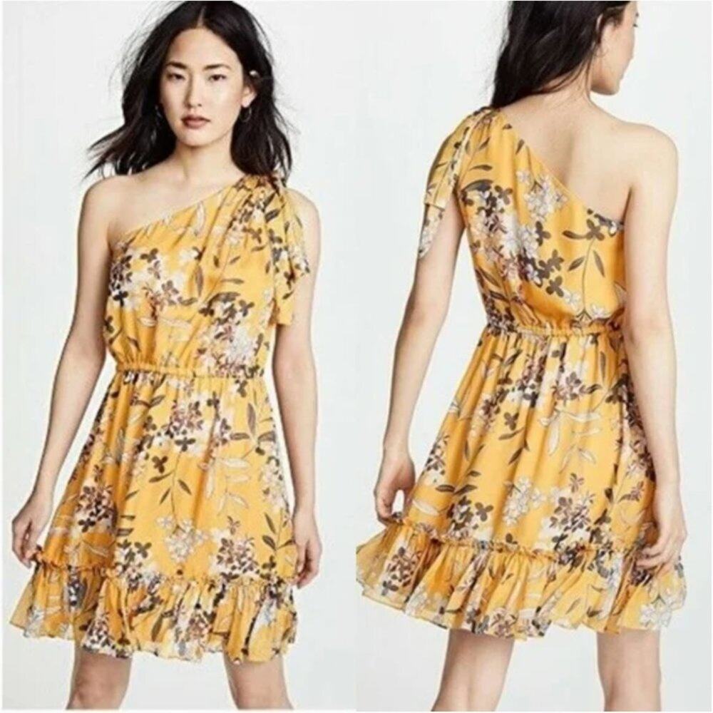 Shoshanna Carmela Yellow Silk Floral One-Shoulder Mini Dress